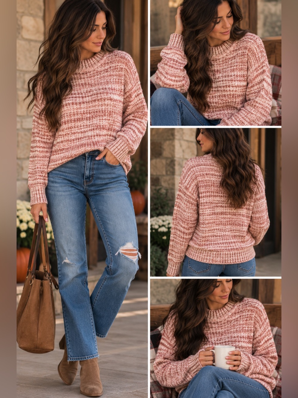 Old Navy Marled Rose and Cream Crewneck Sweater